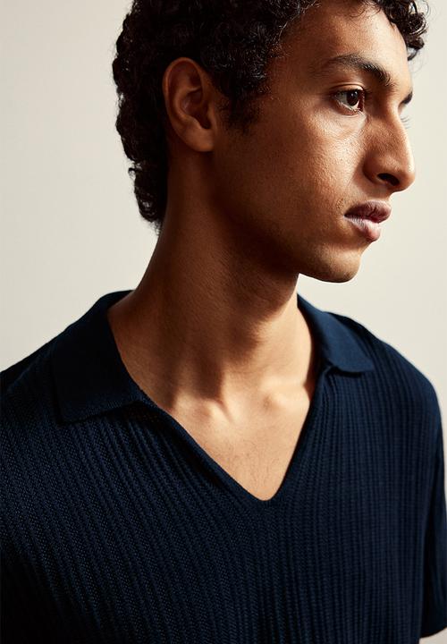 H&M - Regular fit ribbed polo shirt - navy blue