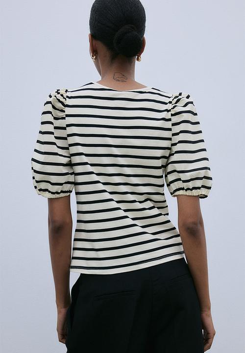 H&M - Puff-sleeved top - light beige striped