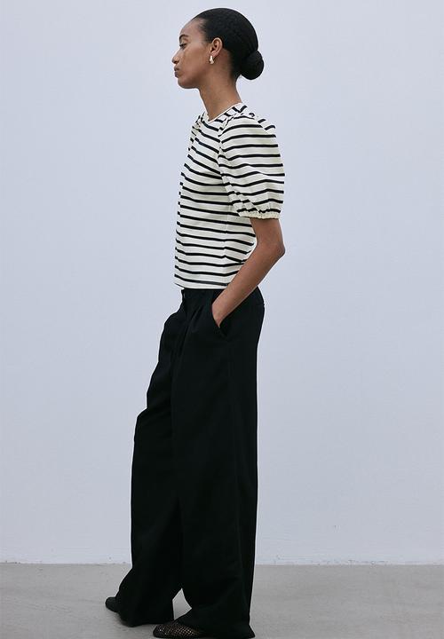 H&M - Puff-sleeved top - light beige striped