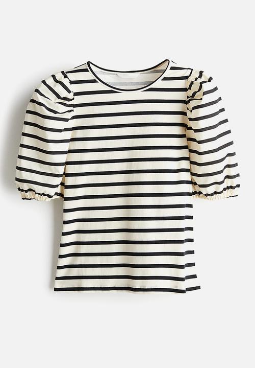 H&M - Puff-sleeved top - light beige striped
