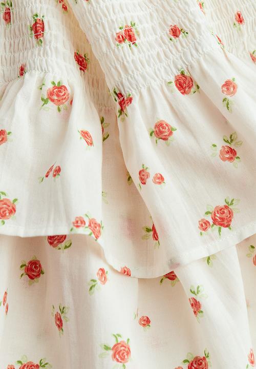 H&M - Smocked-waist tiered skirt - cream roses