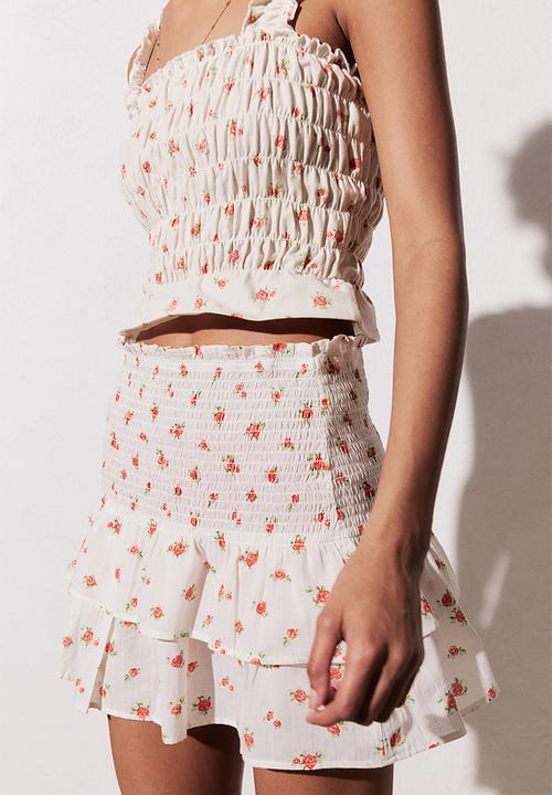 H&M - Smocked-waist tiered skirt - cream roses
