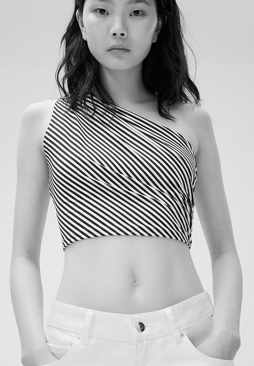 H&M - Cropped one-shoulder top - white & black striped