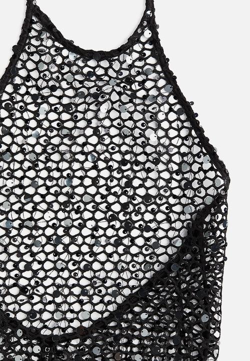 H&M - Sequined fishnet halterneck dress - black