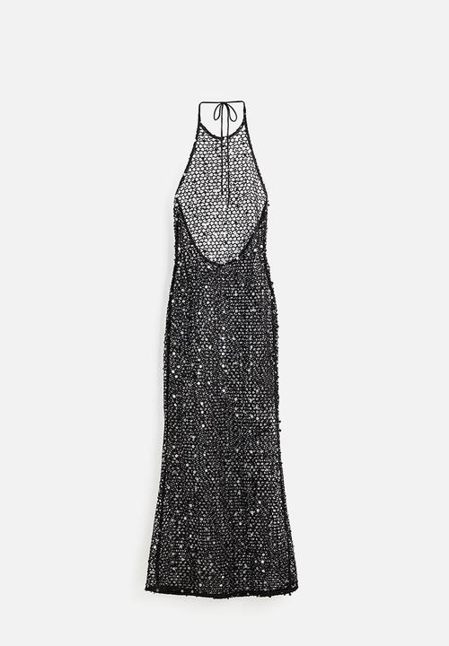 H&M - Sequined fishnet halterneck dress - black