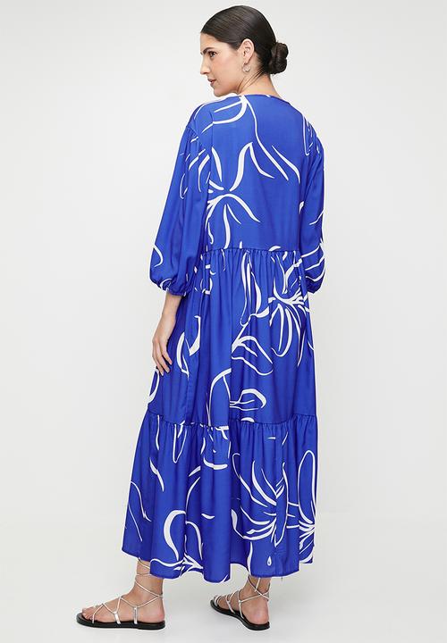 edit - Printed tiered midi dress - ink sketched floral stripe dbl border