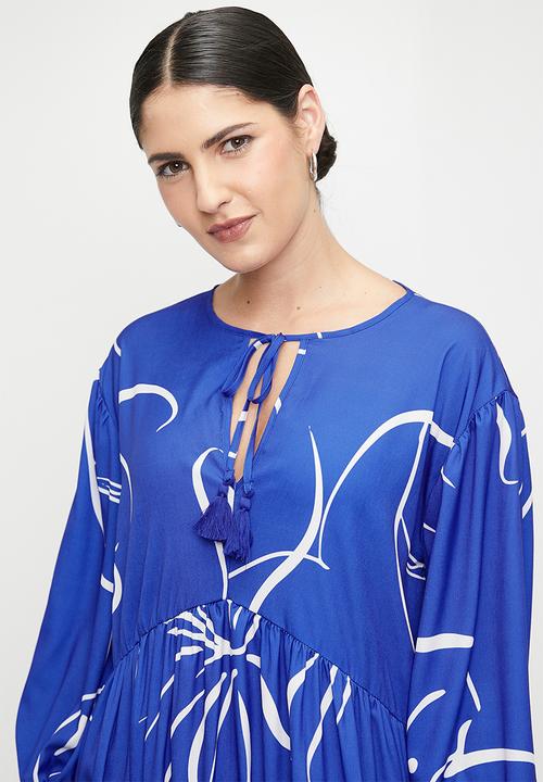 edit - Printed tiered midi dress - ink sketched floral stripe dbl border