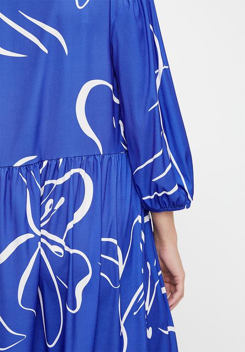 edit - Printed tiered midi dress - ink sketched floral stripe dbl border