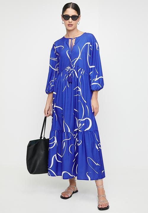 edit - Printed tiered midi dress - ink sketched floral stripe dbl border