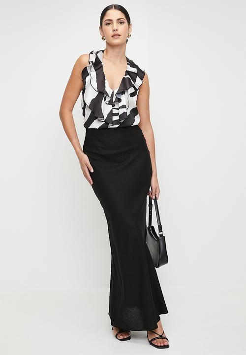 edit - Bias laundered linen maxi slip skirt - black
