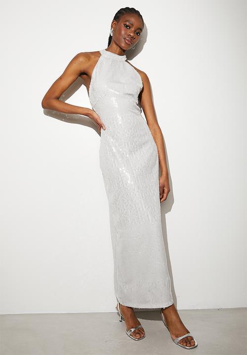 Halter sequin column maxi dress - metallic grey 1