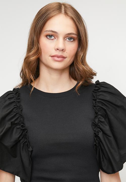 MILLA - Combo ruffle sleeve tee - black