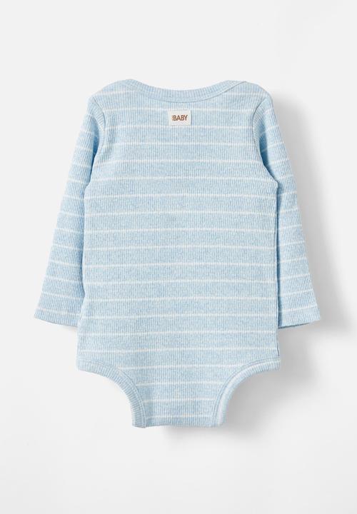 Cotton On - Organic newborn pointelle long sleeve bubbysuit - blue marle/vanilla stripe