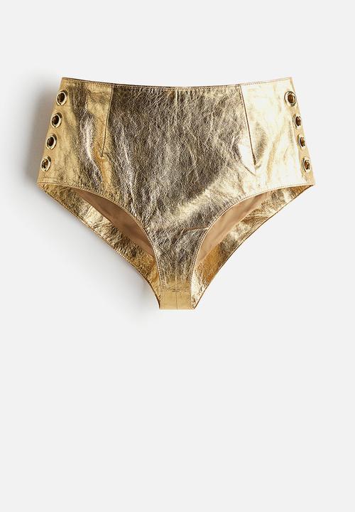 H&M - H&M Studio: Eyelet-detail leather mini shorts - gold-coloured
