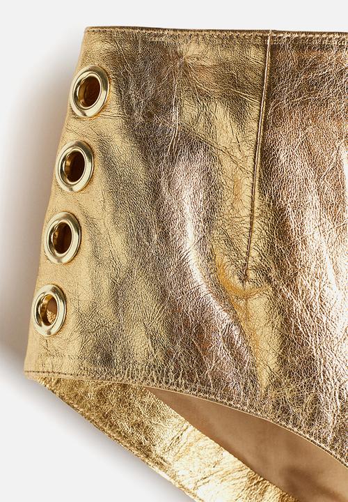 H&M - H&M Studio: Eyelet-detail leather mini shorts - gold-coloured