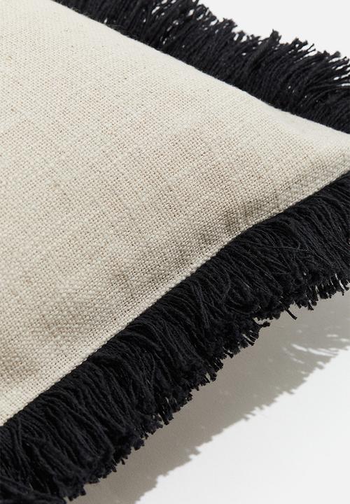 H&M - Fringed linen-blend cushion cover - light beige & black