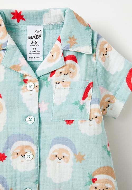 Cotton On - Baby organic woven pj set  - barber blue/santa faces