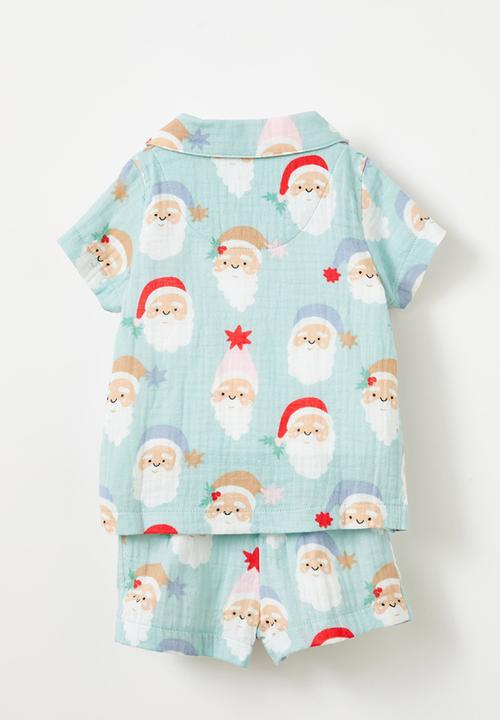 Cotton On - Baby organic woven pj set  - barber blue/santa faces