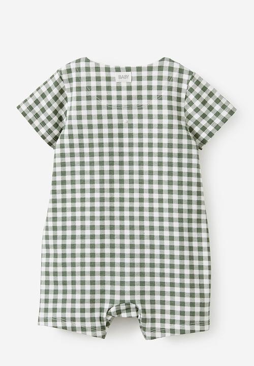 Cotton On - The short sleeve zip romper - swag green/gingham