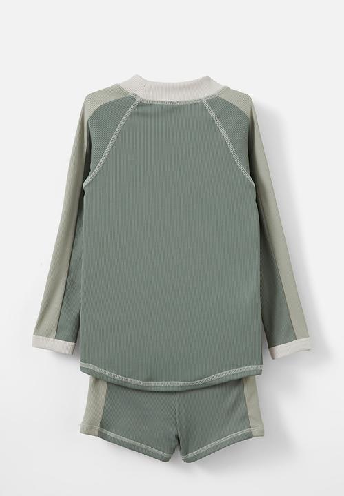 Cotton On - Flynn rash vest and billy boyleg trunk set - deep sage rib/swag green rib/panel