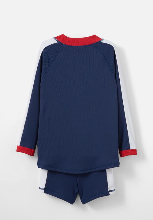 Cotton On - Flynn rash vest and billy boyleg trunk set - varsity red rib/in the navy rib/panel