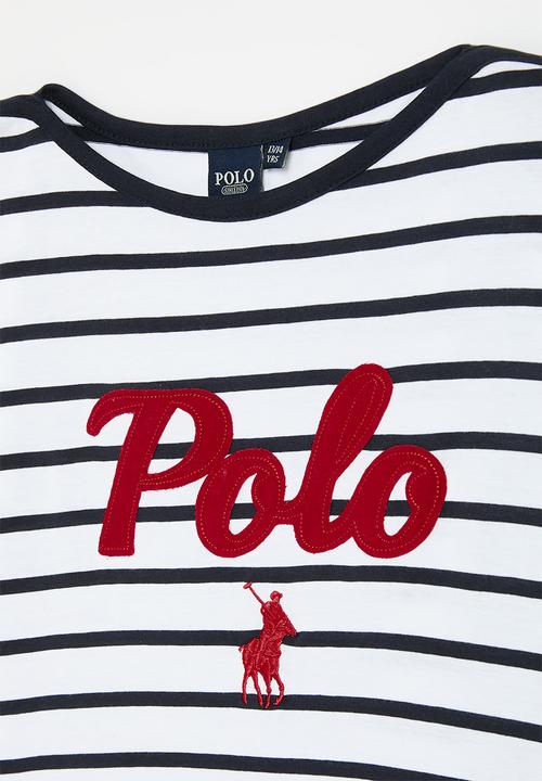 POLO - Girls jade striped tee - white