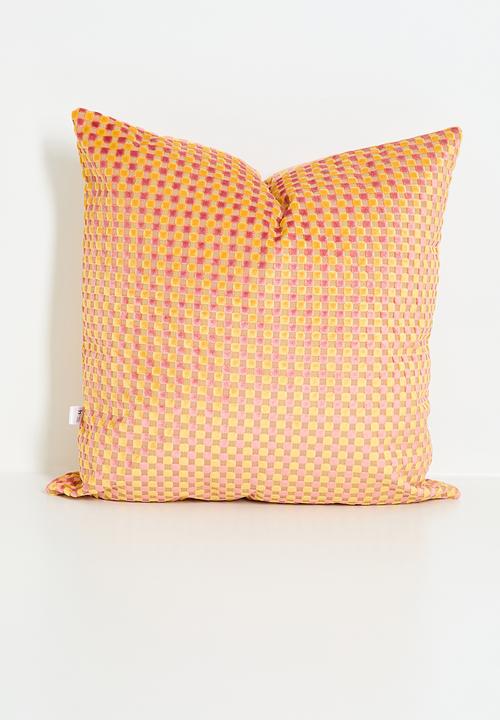 Block velvet cushion - orange & pink