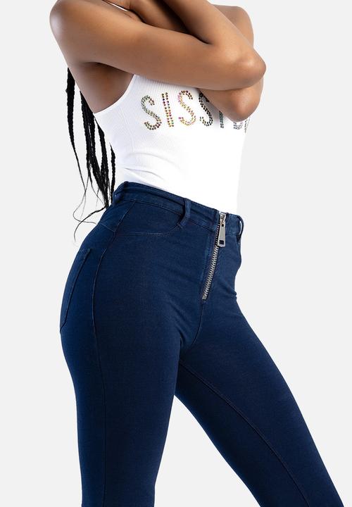SISSY BOY - Willow: high waist bootleg with exposed zip knit denim  - indigo