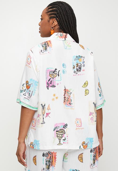 Me&B - Plus Revere Collar Linen Shirt With Cocktail  Print - Cocktail