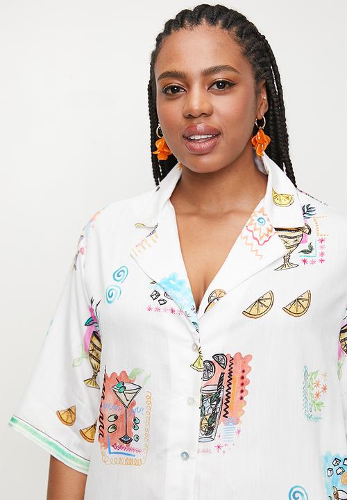 Me&B - Plus Revere Collar Linen Shirt With Cocktail  Print - Cocktail