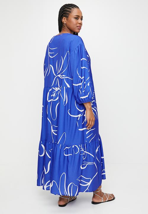 edit - Printed tiered midi dress - ink sketched floral stripe dbl border.