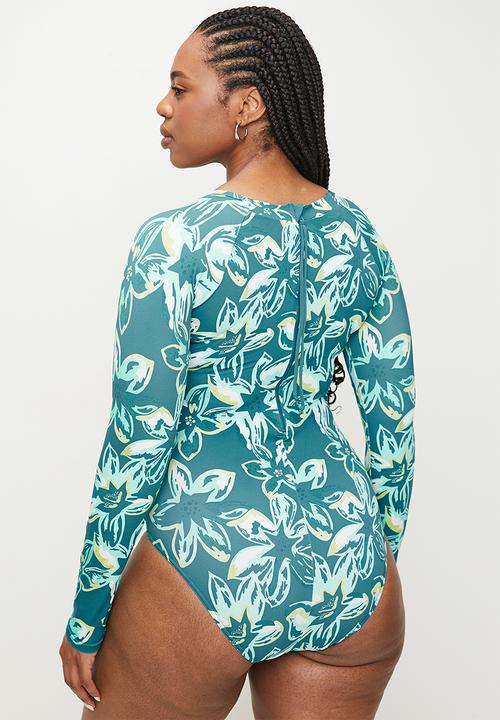 Lizzy - Plus tizona ls full body rashie swimsuit - teal floral
