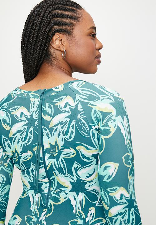 Lizzy - Plus tizona ls full body rashie swimsuit - teal floral