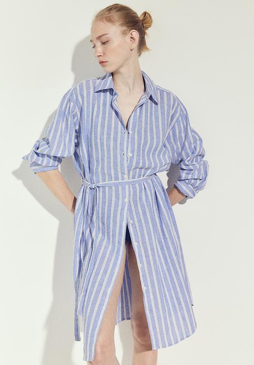 Linen-blend shirt dress - blue striped - 1208999003