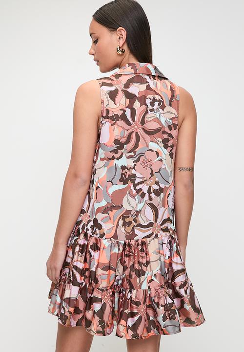 SISSY BOY - Tier And Now: Sleeveless Printed Satin Dress With Tiers - Brown Multi