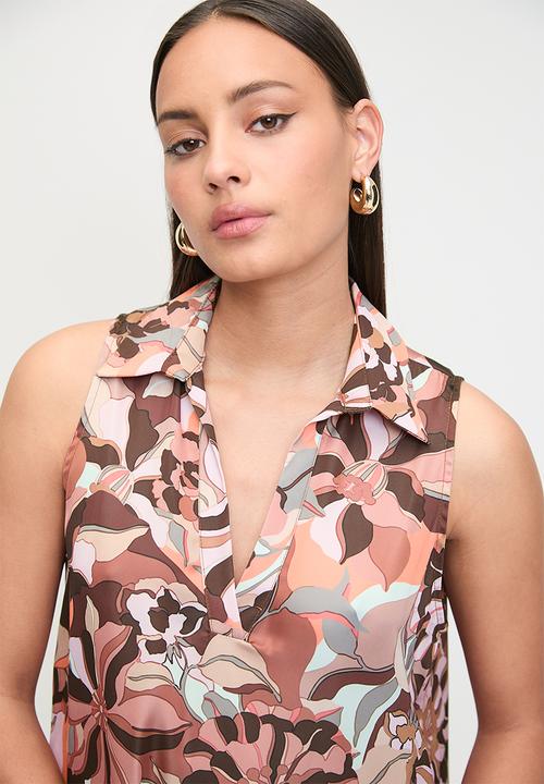 SISSY BOY - Tier And Now: Sleeveless Printed Satin Dress With Tiers - Brown Multi