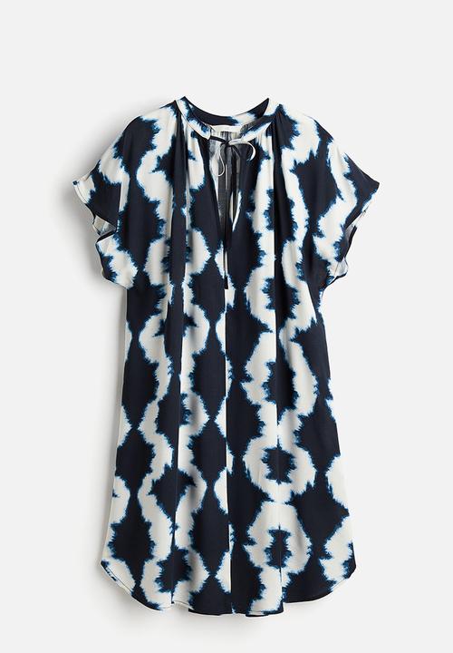 H&M - Tie-detail dress - navy blue patterned 