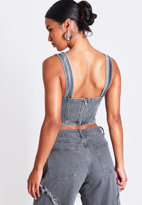 PrettyLittleThing - Dip Hem Bust Cup Denim Corset - Washed Grey