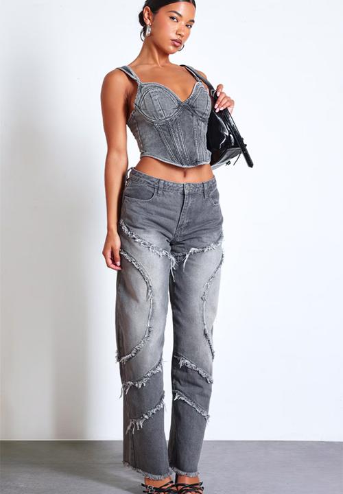 PrettyLittleThing - Dip Hem Bust Cup Denim Corset - Washed Grey