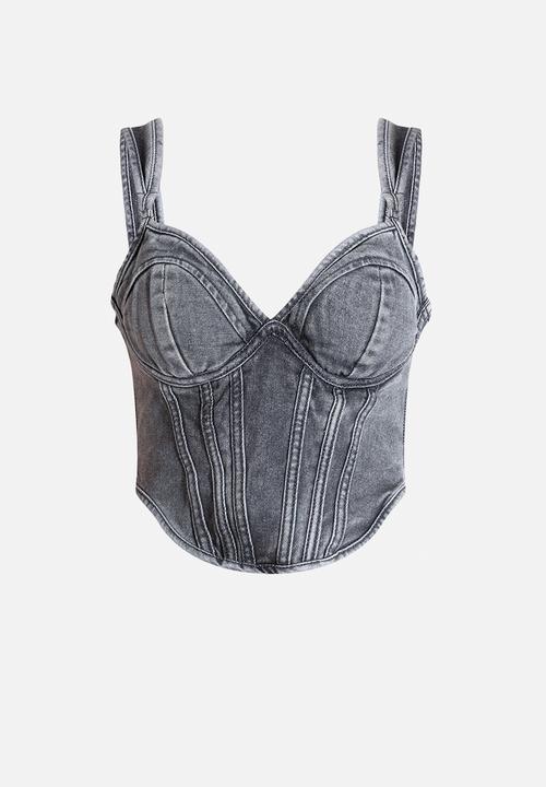 PrettyLittleThing - Dip Hem Bust Cup Denim Corset - Washed Grey
