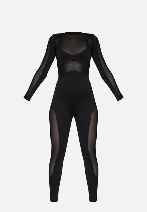 PrettyLittleThing - Long Sleeve Mesh Panelled Jumpsuit - Black
