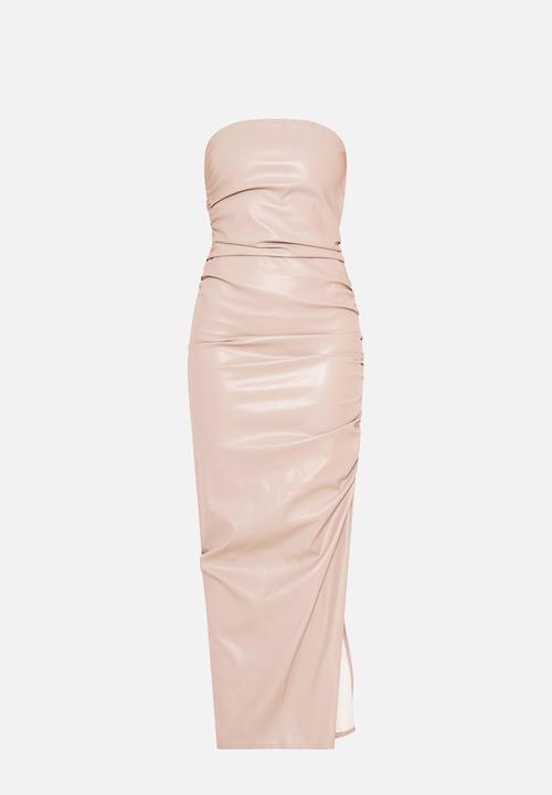 PrettyLittleThing - Faux Leather Bandeau Maxi Dress - Stone