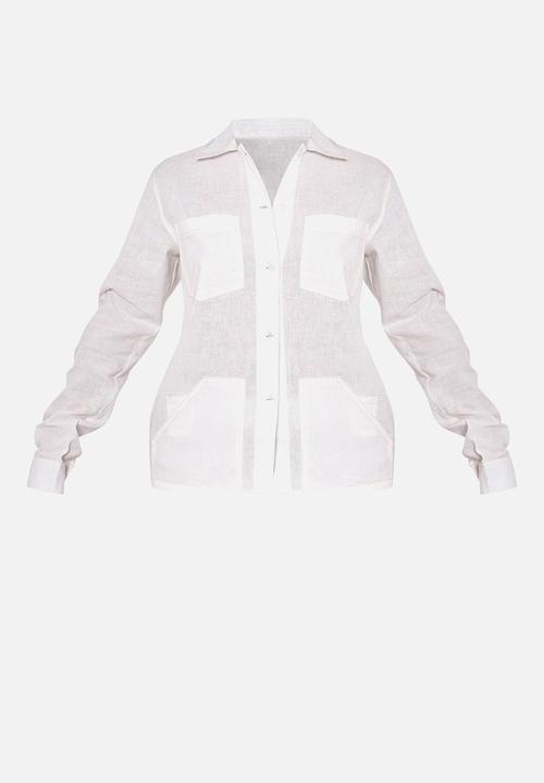 PrettyLittleThing - Contrast Stitch Long Sleeve Shirt - Ecru