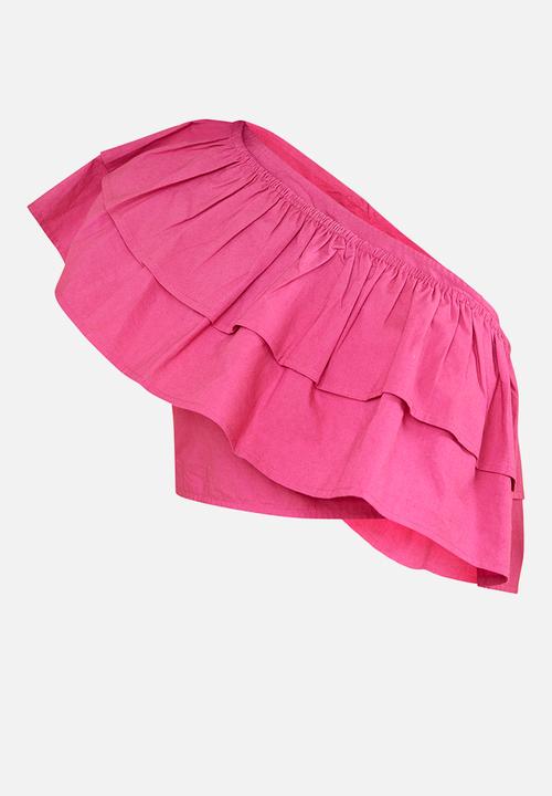 PrettyLittleThing - Ruffle One Shoulder Crop - Hot Pink