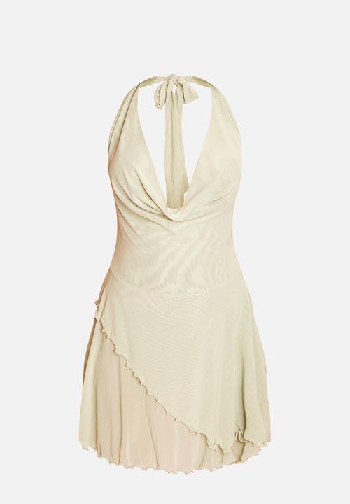 PrettyLittleThing - Mesh Draped Halterneck Cold Shoulder Mini Dress - Pale Lime