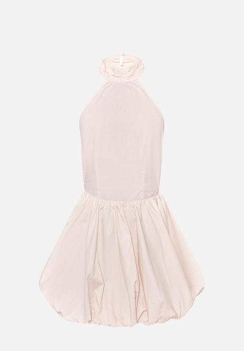 PrettyLittleThing - Woven High Neck Tie Back Puff Ball Dress - Cream