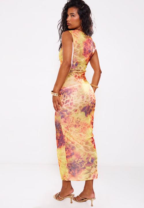PrettyLittleThing - Abstract Leopard Print Mesh Maxi Dress - Lime