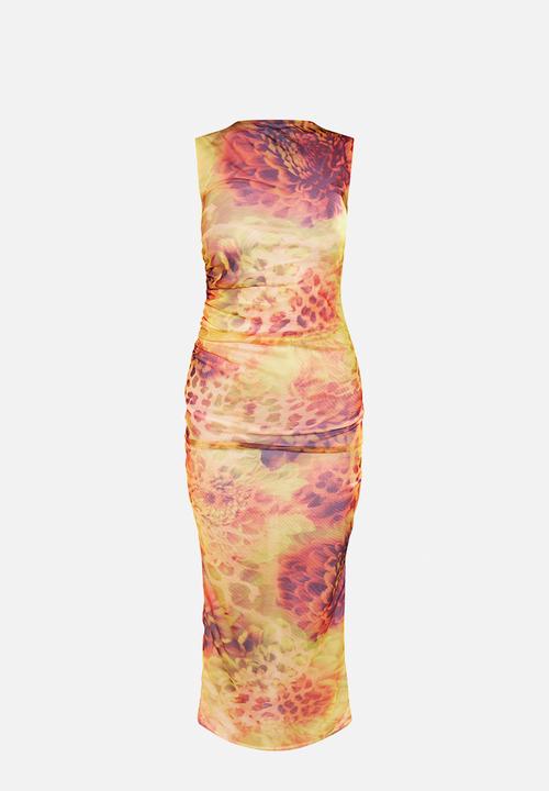 PrettyLittleThing - Abstract Leopard Print Mesh Maxi Dress - Lime