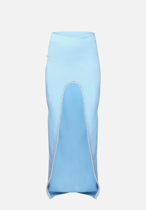 PrettyLittleThing - Pearl Thigh Trim Woven Maxi Skirt - Baby Blue