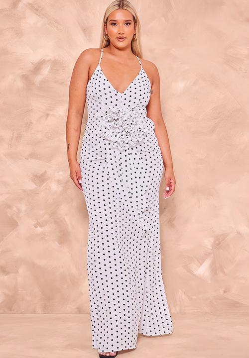 PrettyLittleThing - Plus White Polka Dot Satin Rose Detail Maxi Dress - White